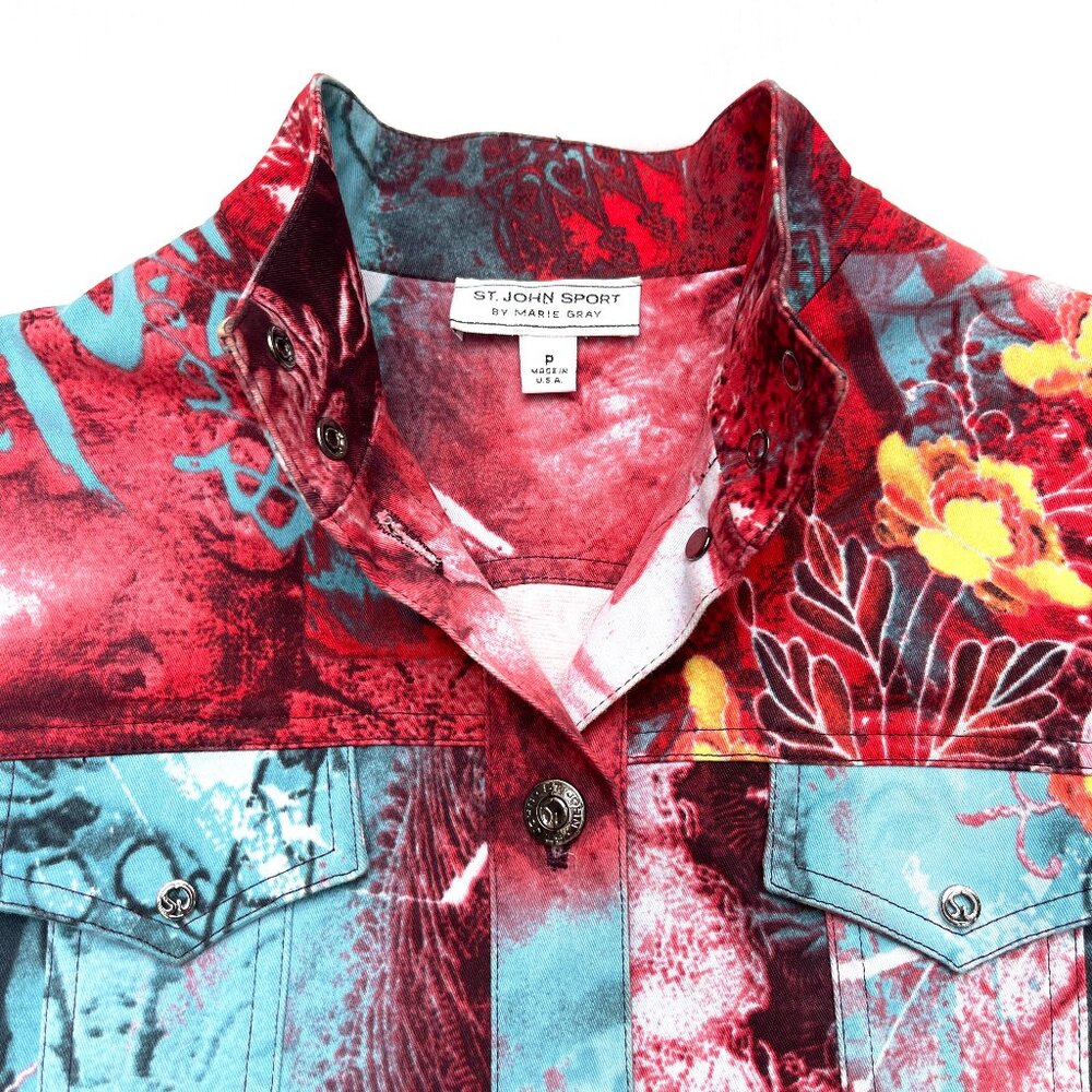 St. John Sport By Marie Gray Abstract Floral Denim Jacket - Picture 3 of 13